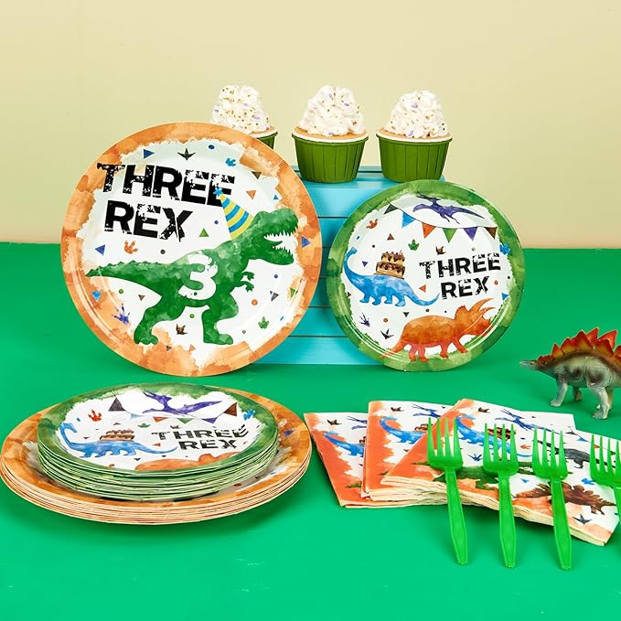 Three Rex Birthday Decorations 64PCS Dinosaur Plates Napkins and