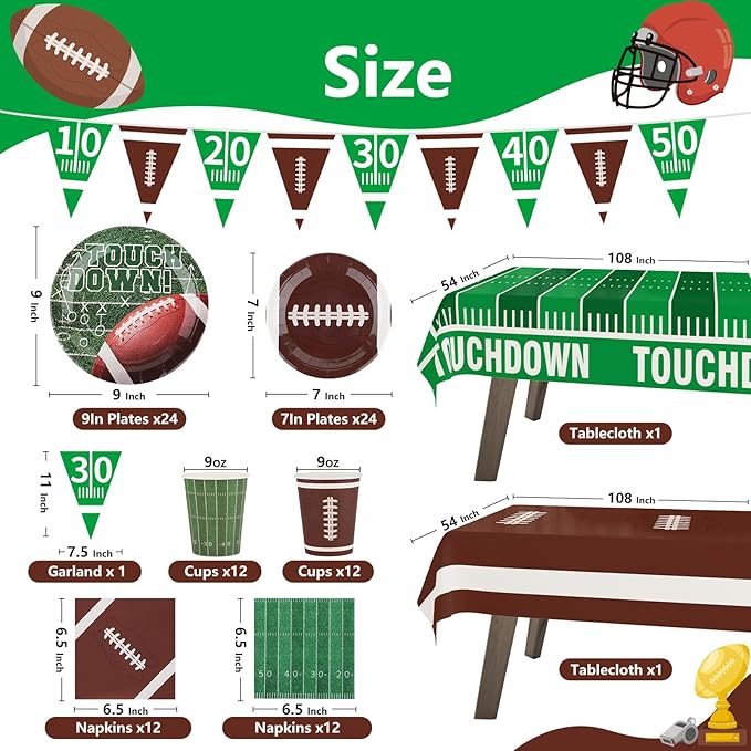 Football Party Decorations Set for 24 Disposable Paper Plates and
