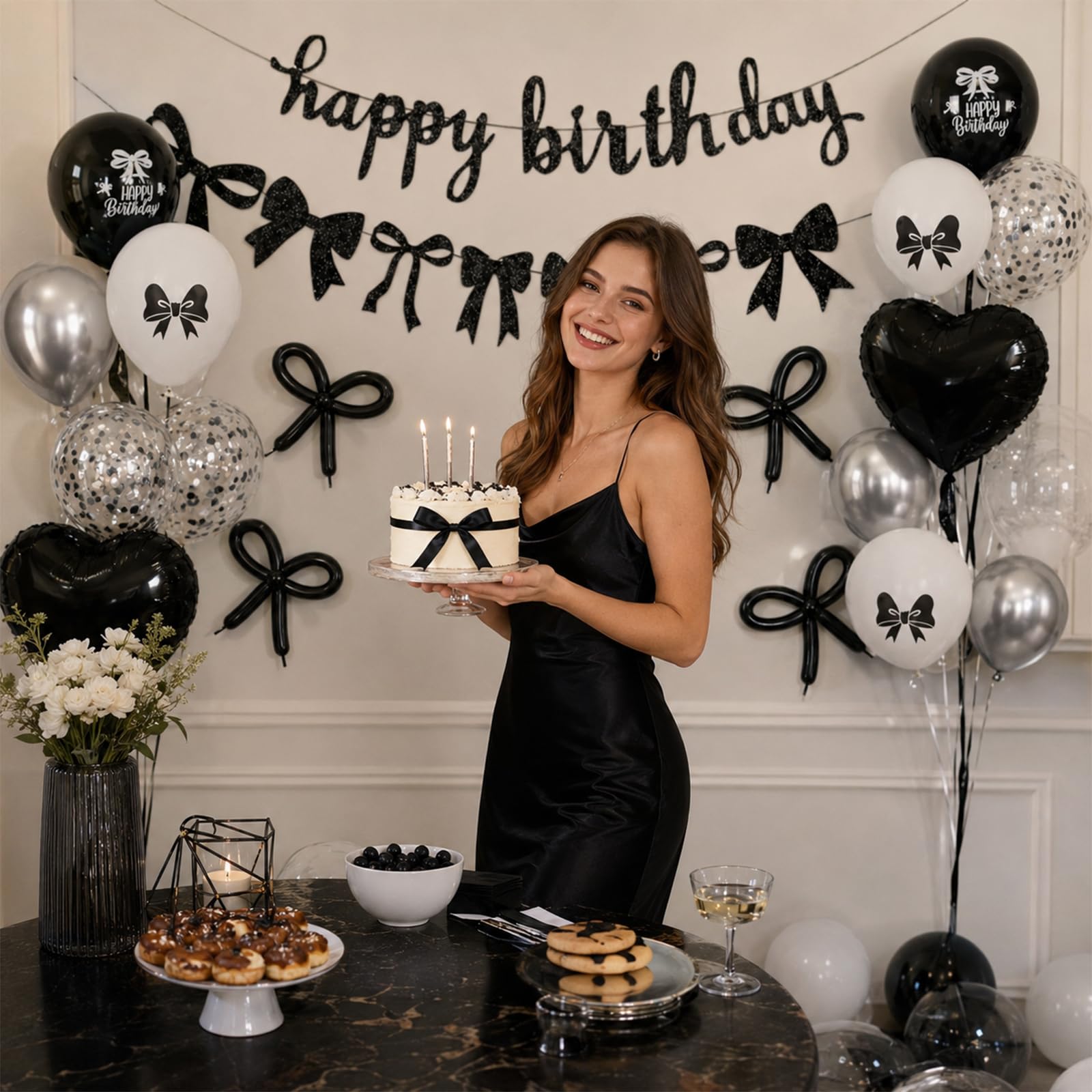 Black Silver White Bow Birthday Decorations, Coquette Party Decor with