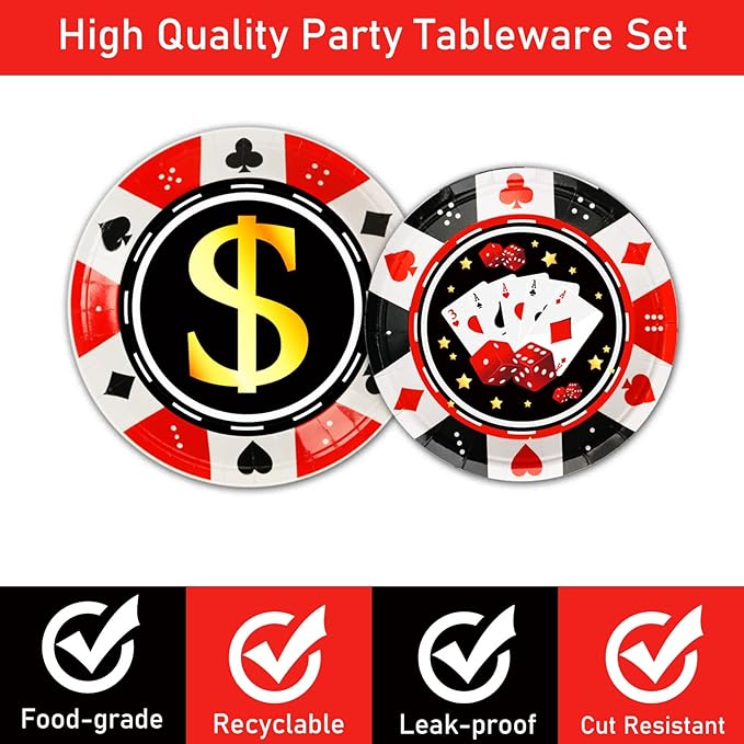 96 Pcs Casino Party Supplies Paper Plates Napkins Las Vegas Party