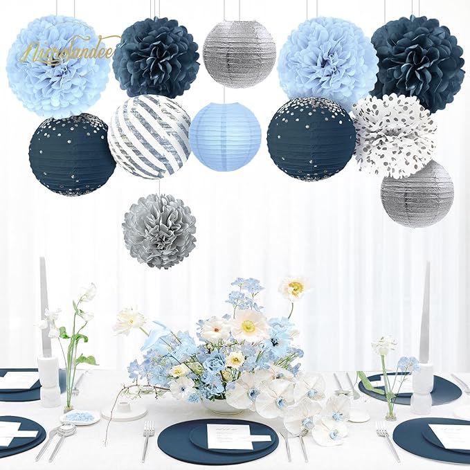 Dusty Blue Wedding Decorations 12 PCS Blue Grey Tissue Pom Poms
