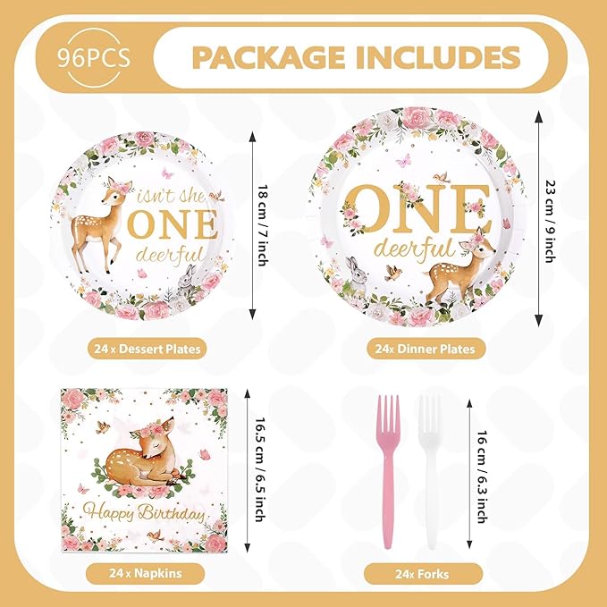 96Pcs Pink Deer Girl 1st Birthday Party Supplies Isn't She