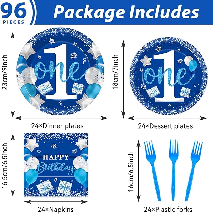Boy 1st Birthday Party Tableware Set Blue 96 Pcs 24 Guests Paper