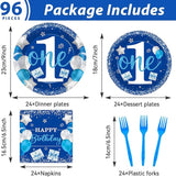 Boy 1st Birthday Party Tableware Set Blue 96 Pcs 24 Guests Paper