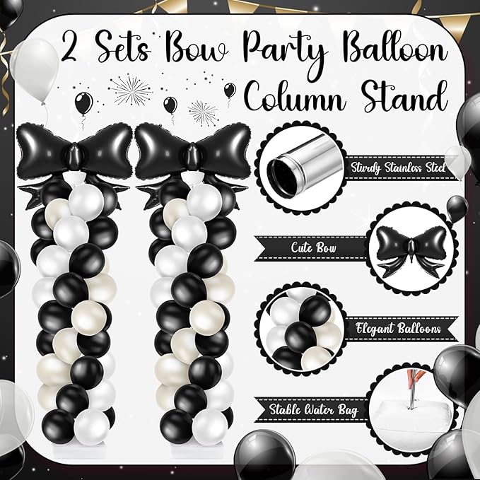 Kasyat 2 Sets Black Bow Balloon Column Stand Kit with 2 Black Bow