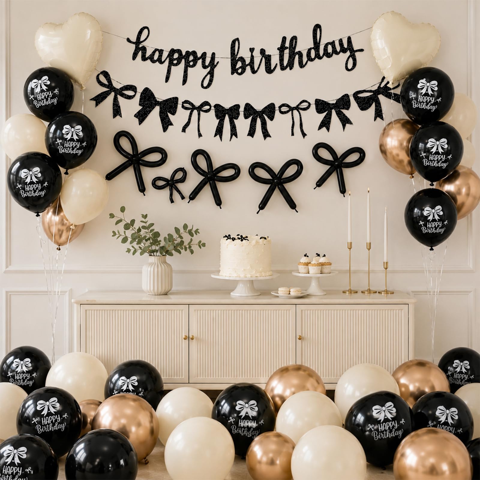 Black Gold Sand White Bow Birthday Decorations, Coquette Party Decor