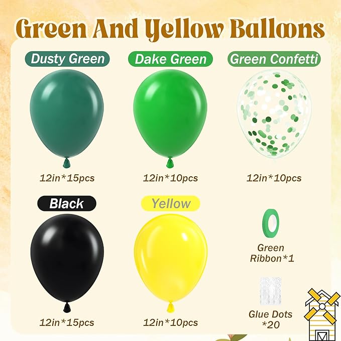 60pcs Tractor Balloons 12inch with Black Green and Yellow Balloons