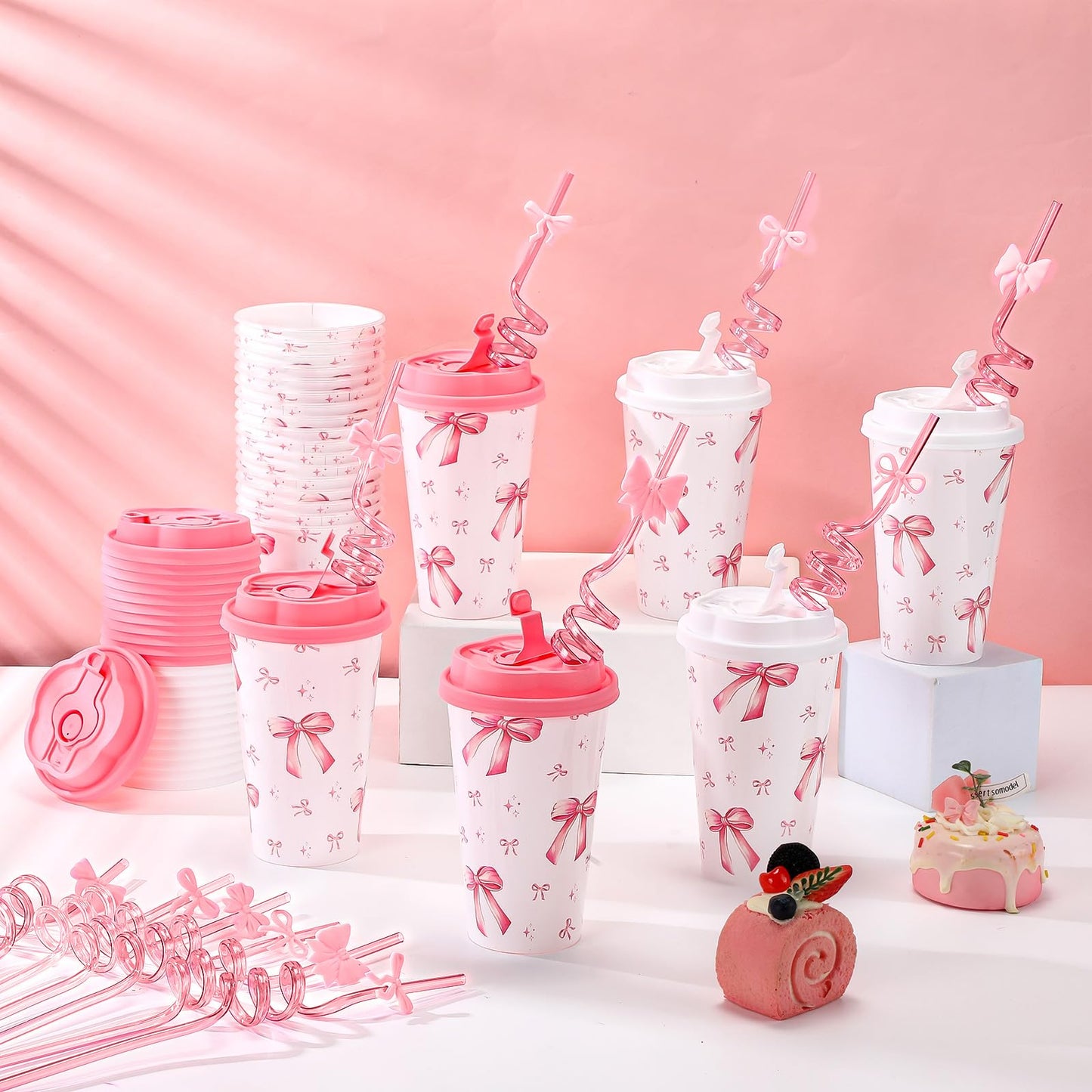 Yungyan 36 Sets Pink Bow Party Favors Goodie Cups with Lids and Straws