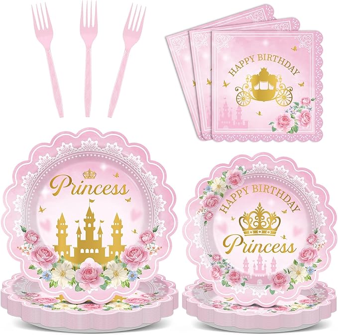 96pcs Princess Birthday Party Decorations Pink Princess Scalloped