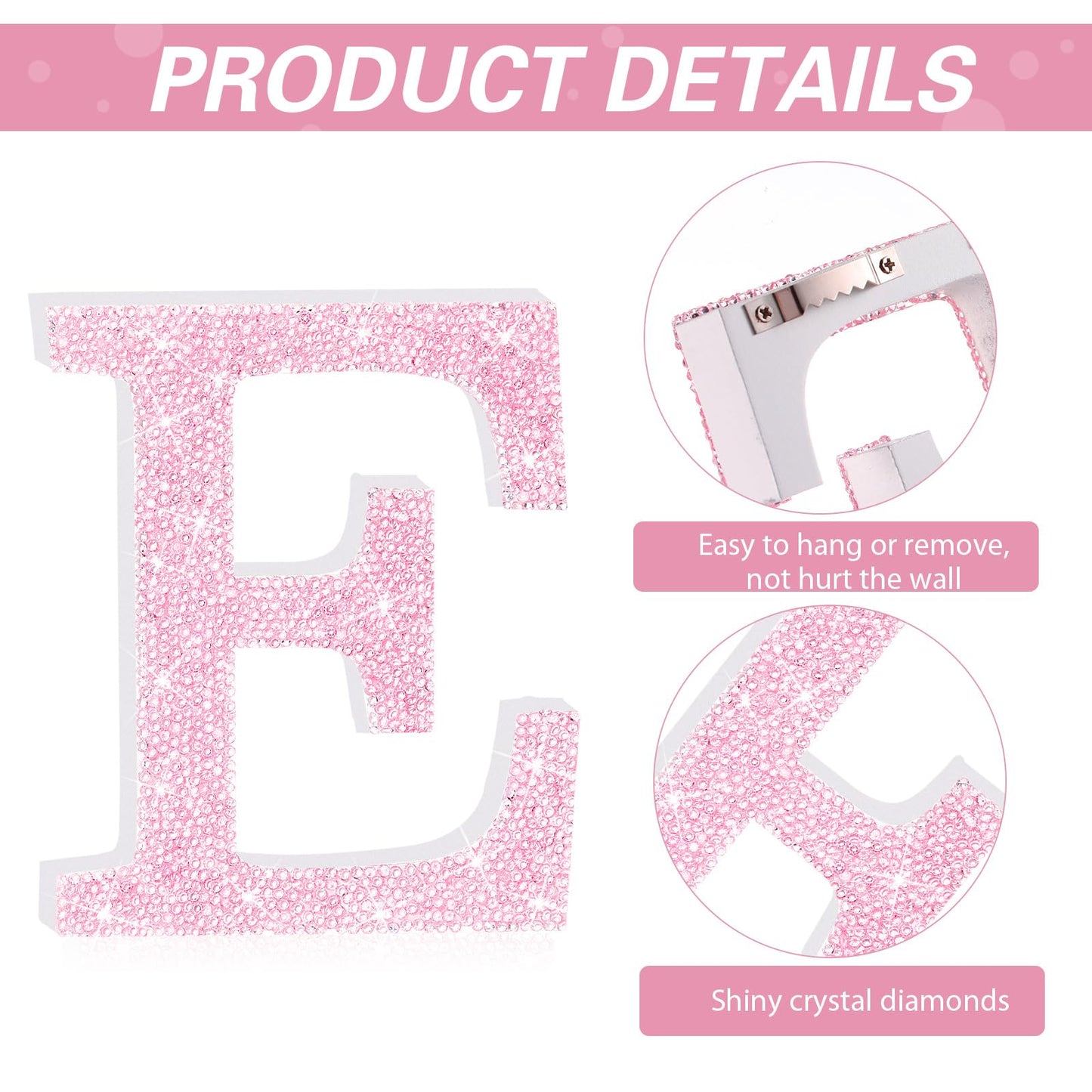 Qunclay Pink Crystal Diamond Letter Wall Decor, Glitter Wooden Bling