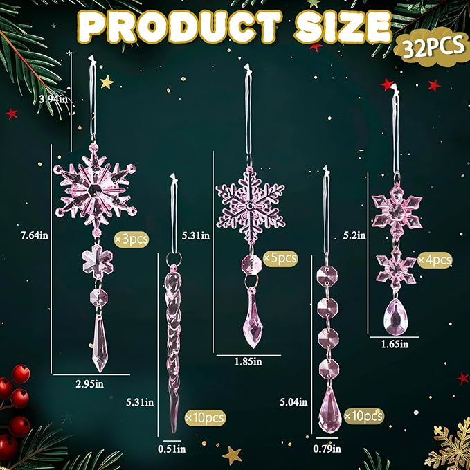 32pcs Crystal Christmas Ornaments for Christmas Tree Decorations-Pink