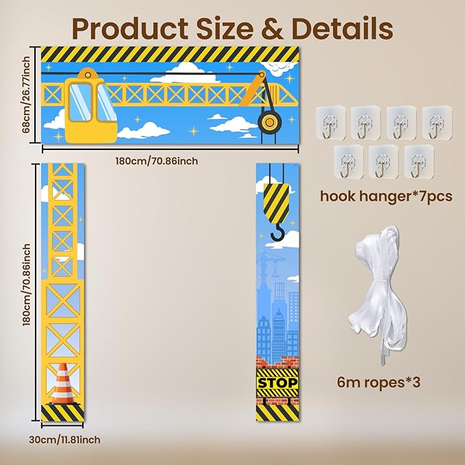 3 Pcs Construction Party Decorations Porch Sign Banner Construction