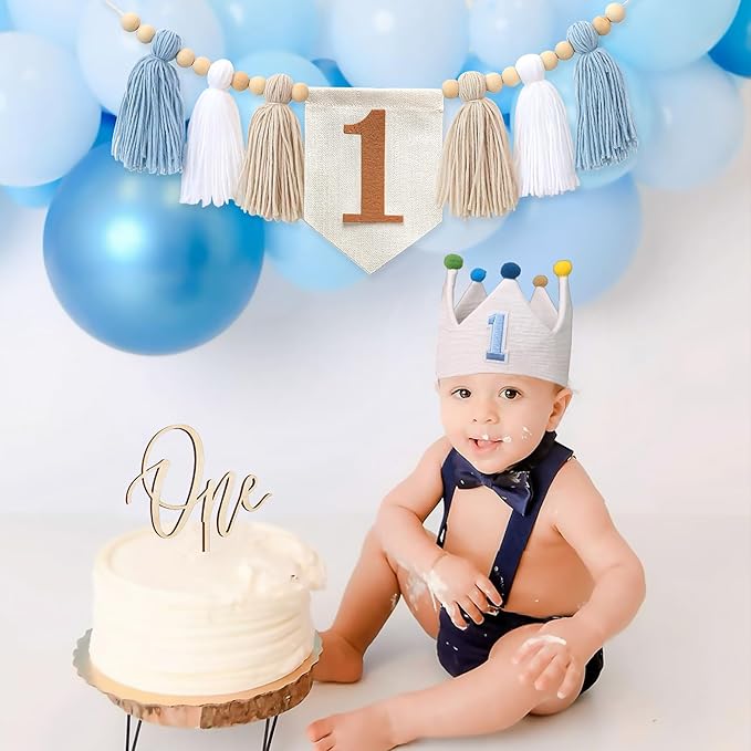 Baby Boy First Birthday Party Decorations Blue High Chair Banner 1st