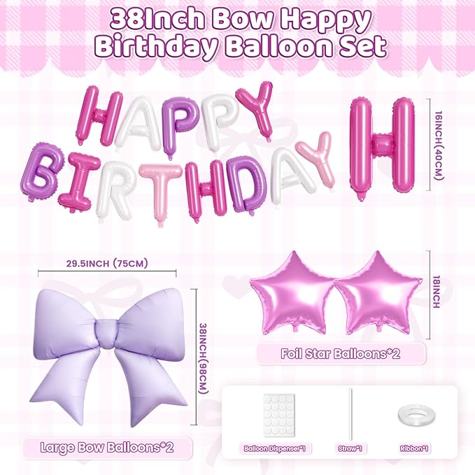 Pink Purple Happy Birthday Balloon, 38Inch Bow Aluminum Foil
