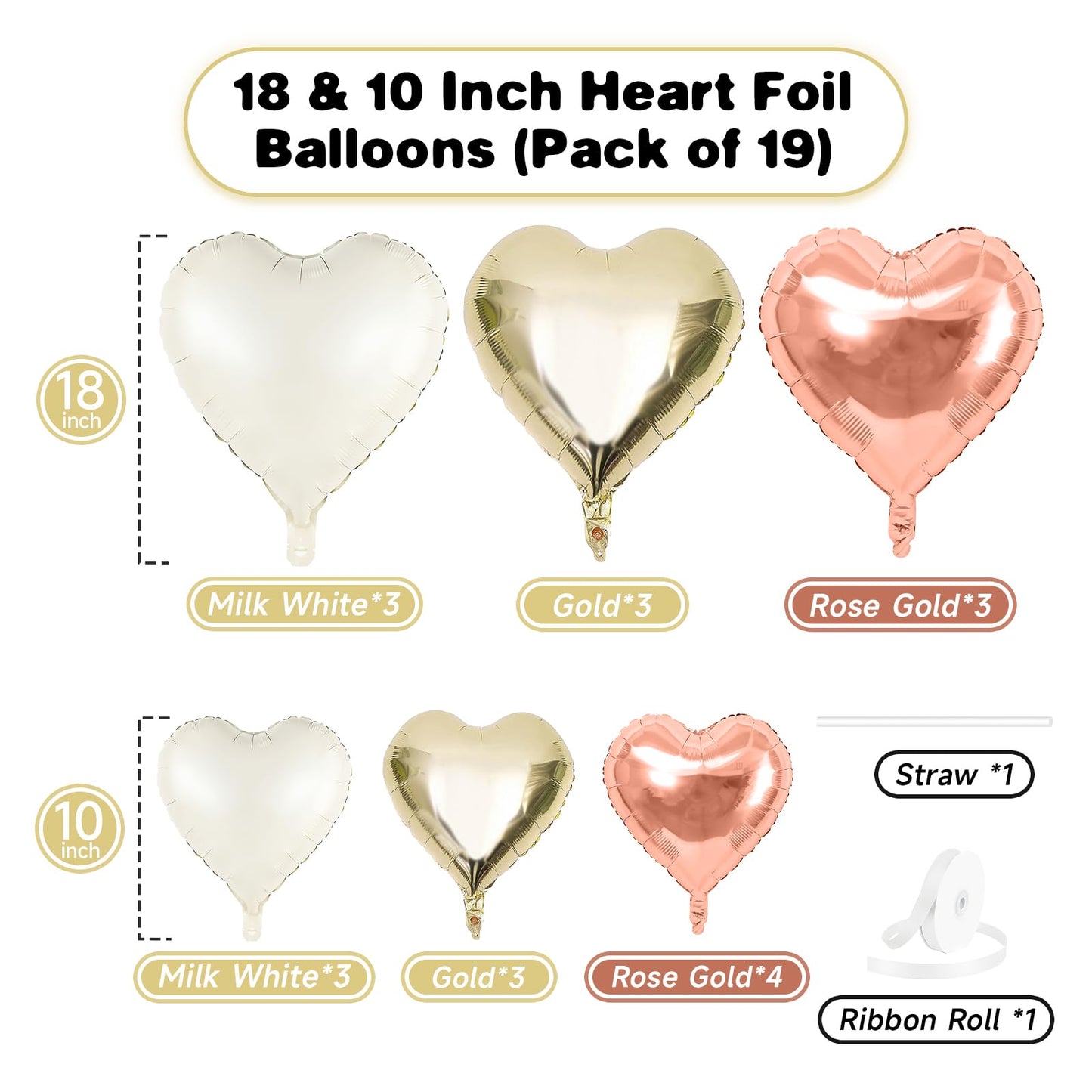Rose Gold White Heart Balloons, 19PCS Champagne Gold Heart Shape