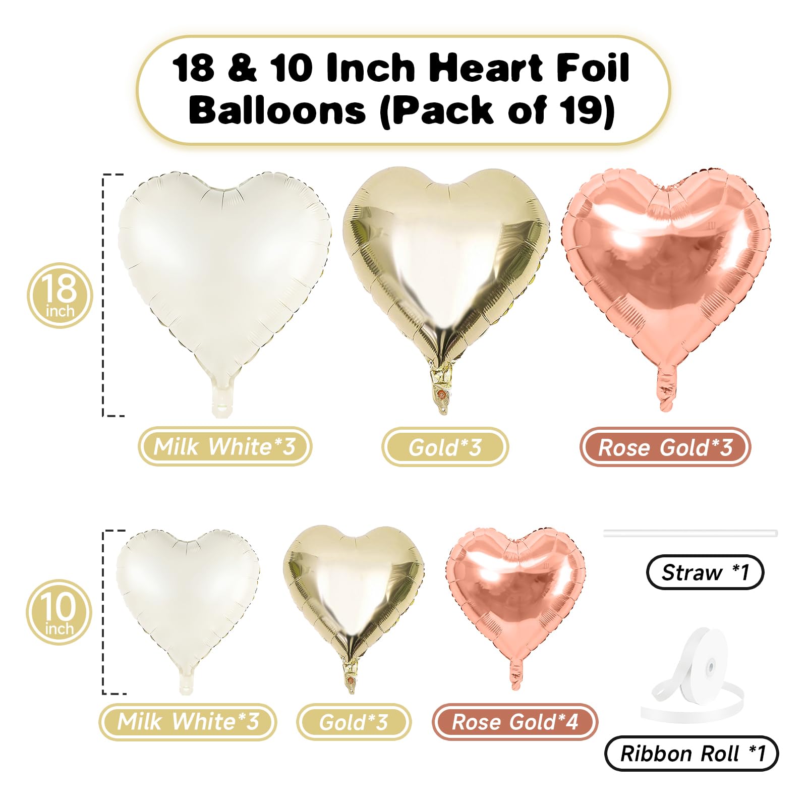 Rose Gold White Heart Balloons, 19PCS Champagne Gold Heart Shape