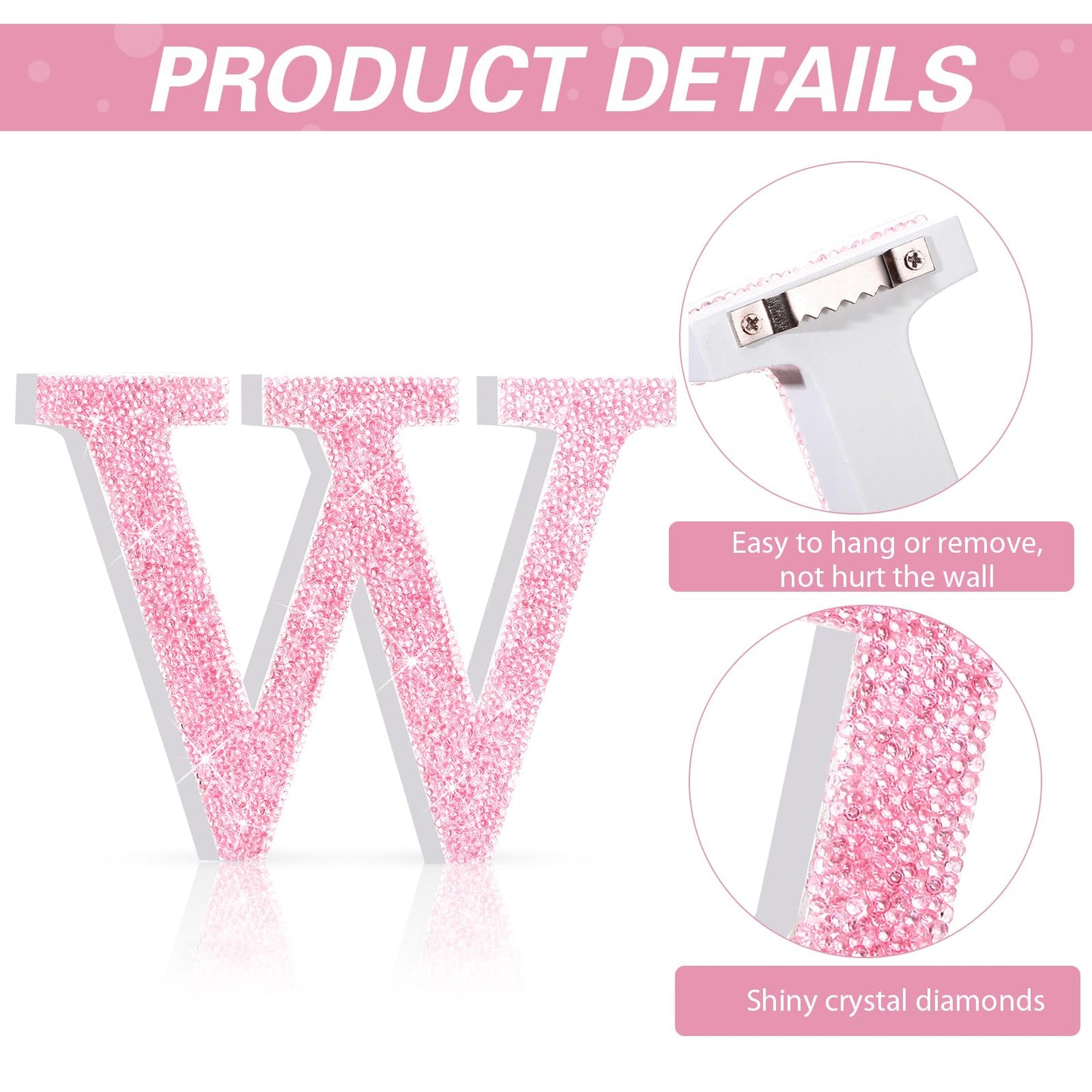 Qunclay Pink Crystal Diamond Letter Wall Decor, Glitter Wooden Bling
