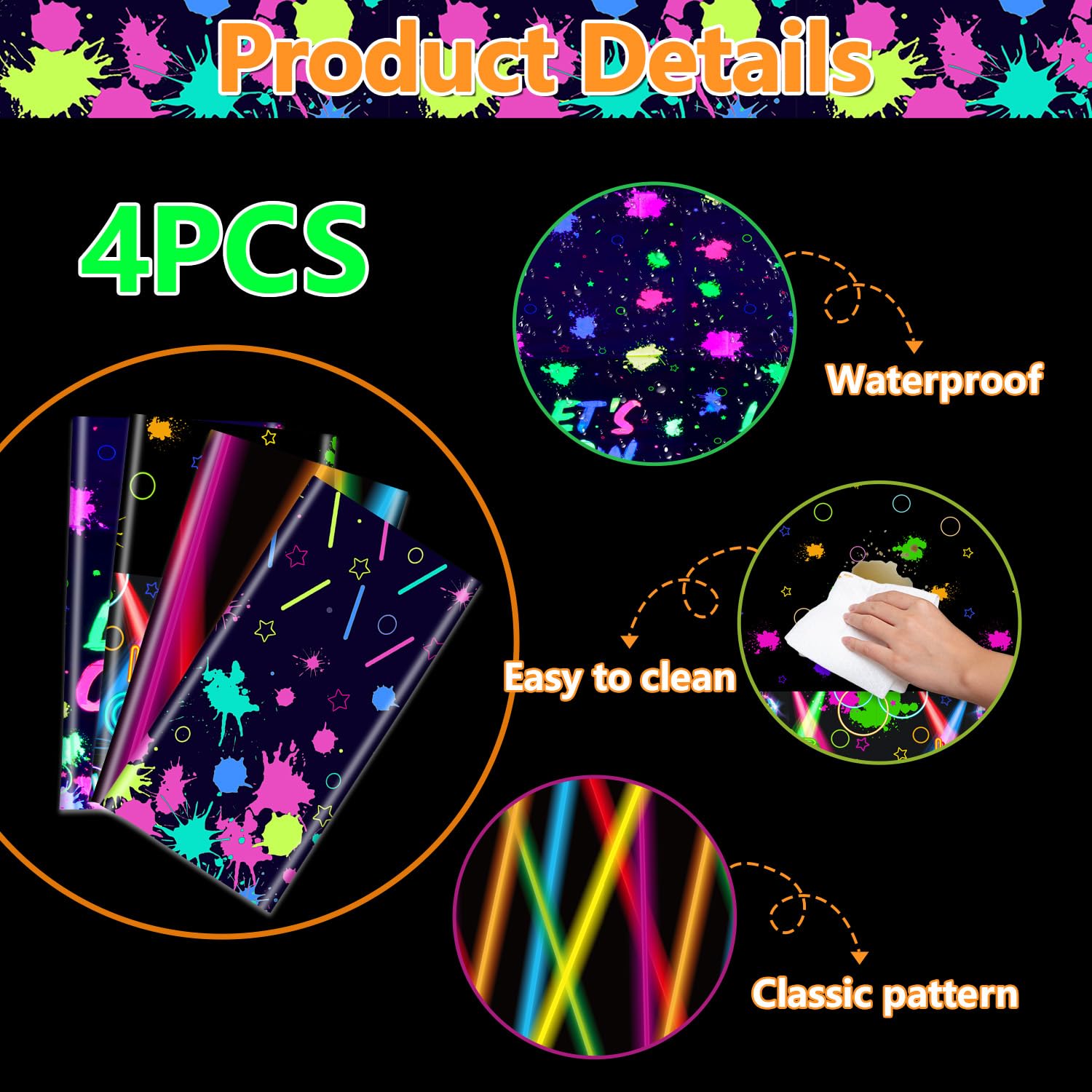 4 Pack Glow in the Dark Party Supplies Tablecloths, Including