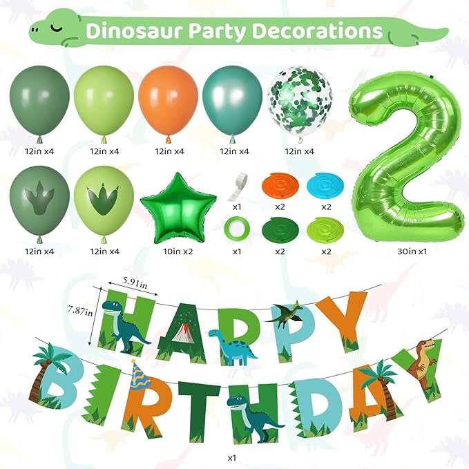 Dinosaur 2nd Birthday Party Decorations for Boys Girls Foil Green