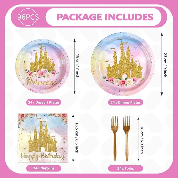 96Pcs Princess Birthday Party Supplies Princess Birthday Plates and