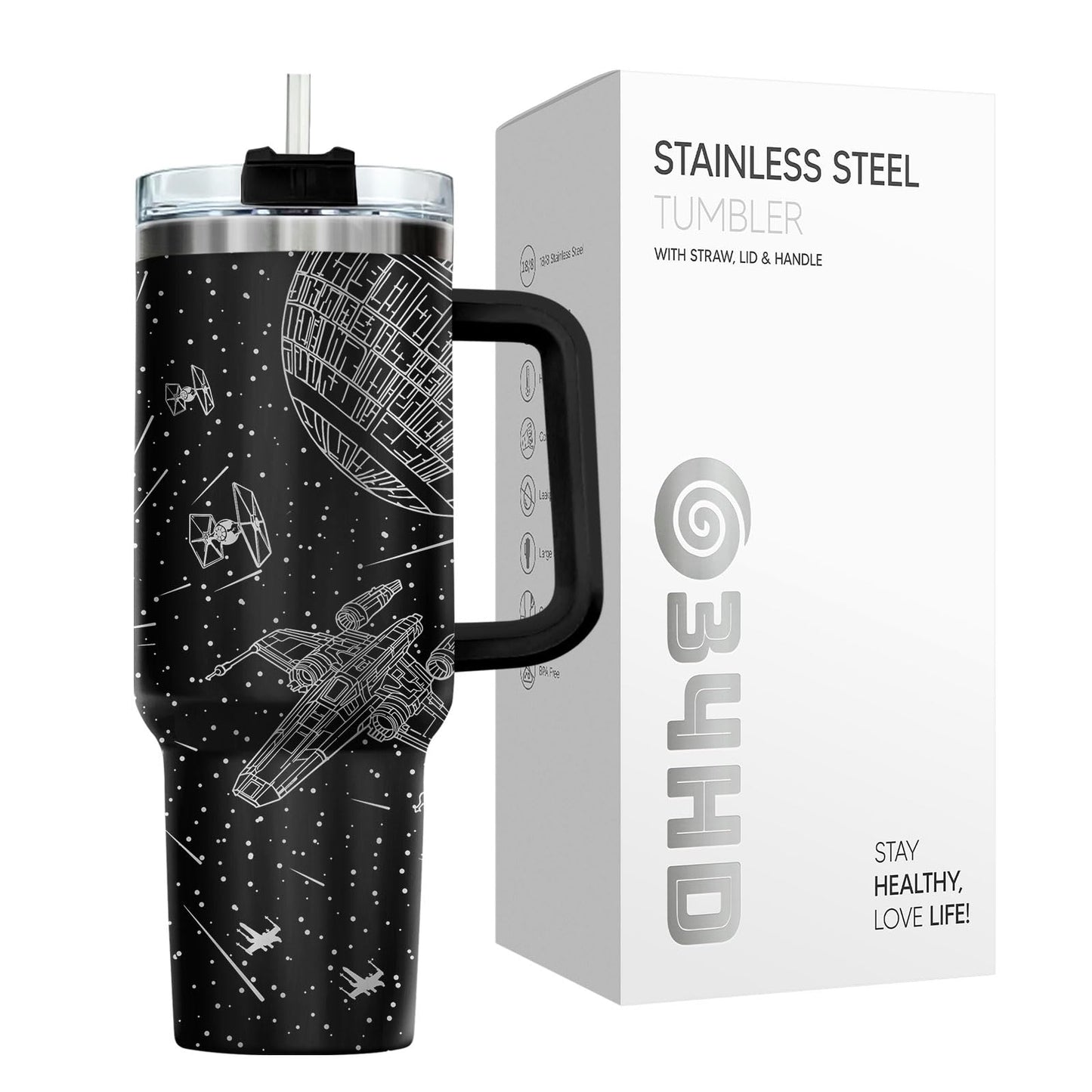 34HD Space Galaxy Tumbler 40oz with Handle and Straw, Sci-Fi Falcon