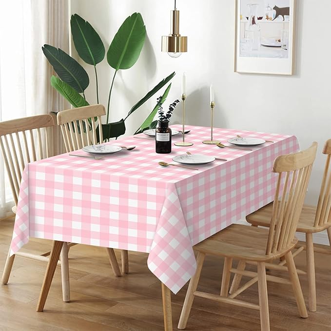 QIKSION Pink Gingham Tablecloth Disposable 6 Pack, 54 x 108 Inch Pink
