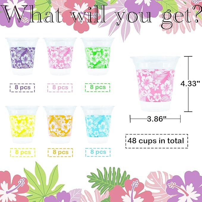 48 Pack 14 OZ Hawaiian Cups for Party Luau Plastic Cups Tropical