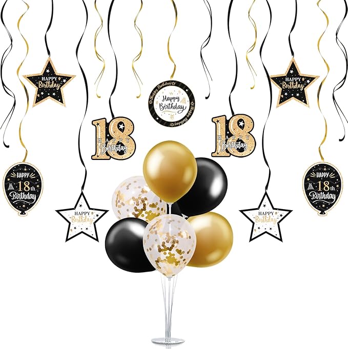 Happy 18th Birthday Black & Gold Balloon Set,18th Birthday Swirls