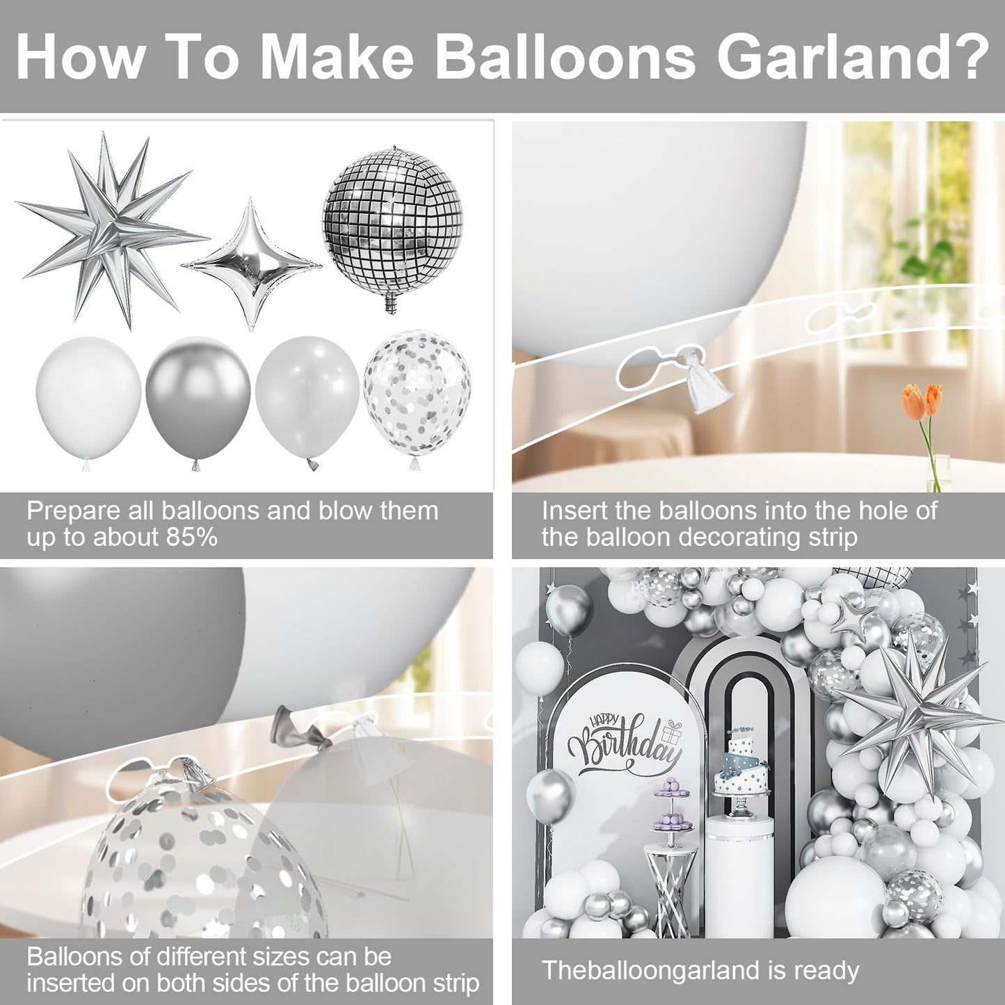White and Silver Balloon Arch Garland Kit,White Silver Star Confetti