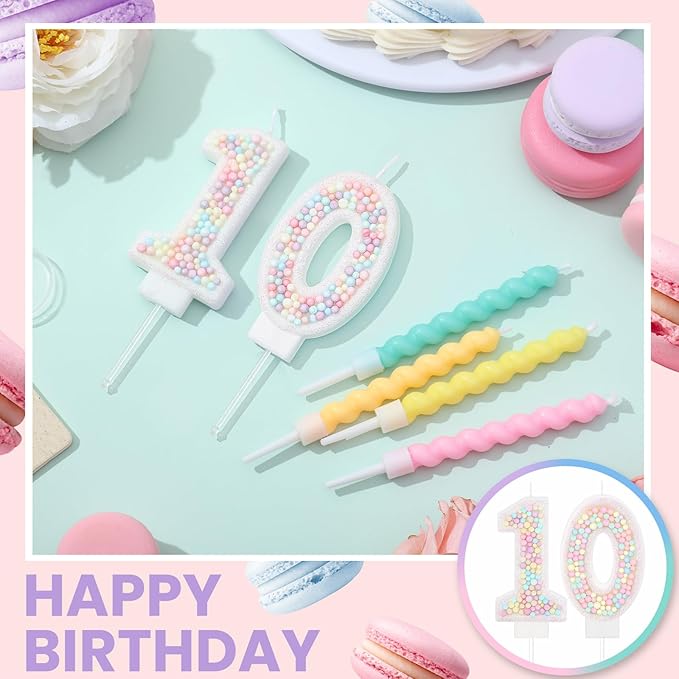 MTLEE Number 10 Birthday Candle with 12 Pcs Spiral Candles for Girls