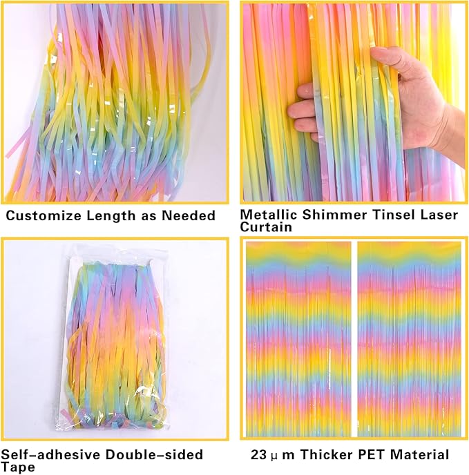 PIGETALE Pastel Rainbow Foil Fringe Curtains, 2Pcs 3.2x8.2ft Metallic