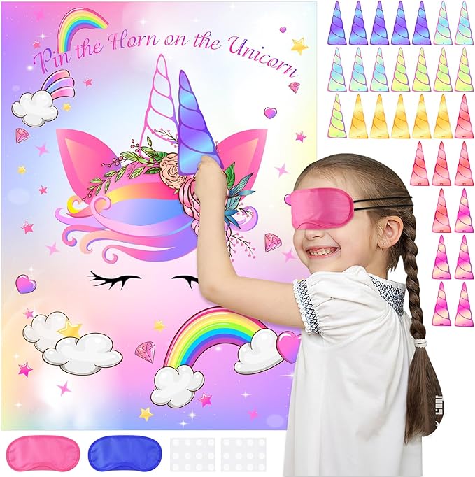 ASTARON Pin The Horn on The Unicorn Game for Kids Birthday Party,