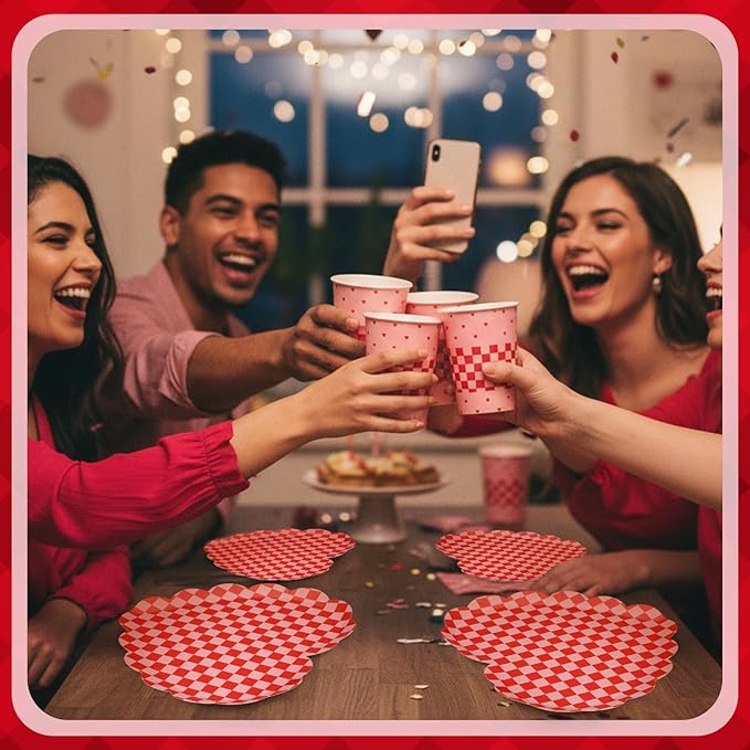 96 Pcs Valentine's Day Party Supplies Set for 24 Guests Red Checked