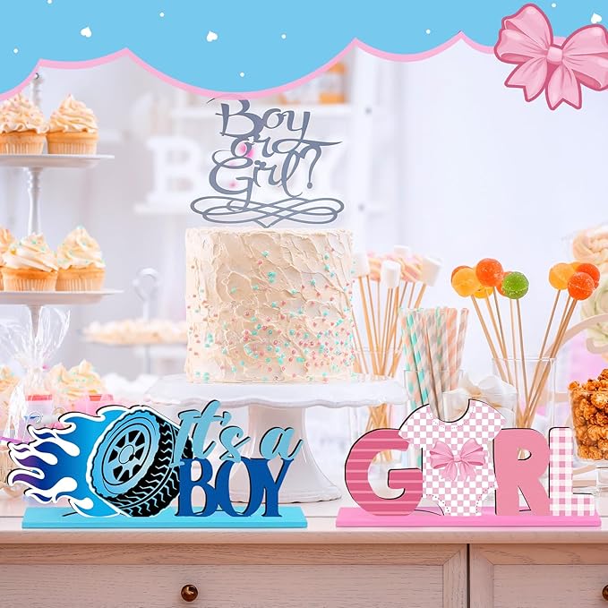6 Pcs Burnouts or Bows Gender Reveal Party Wooden Centerpieces Table