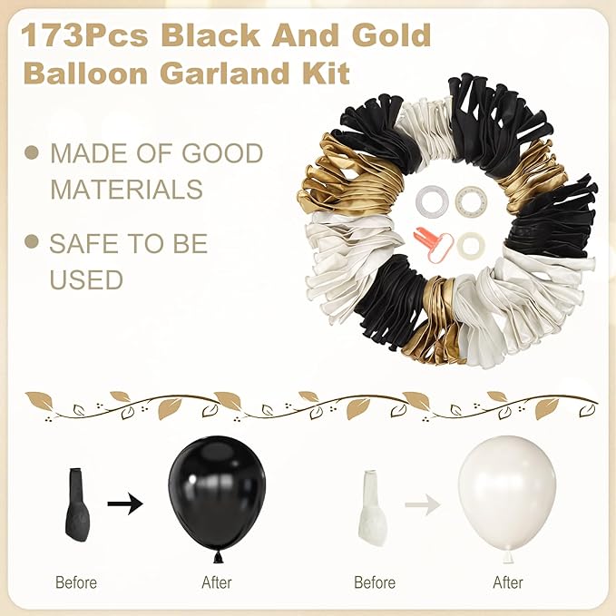 Amandir 173Pcs Black Pearl White Gold Balloons Arch Garland Kit,