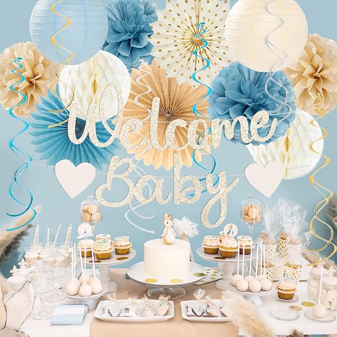 Light Dusty Blue Boho Baby Shower Party Decorations Beige Champagne