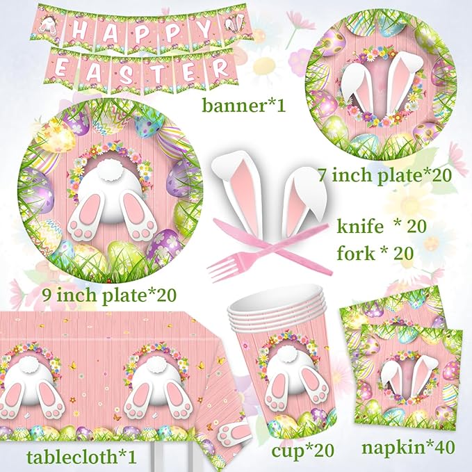 Happy Easter Decorations 142Pcs Easter Bunny Plates and Napkins Kit