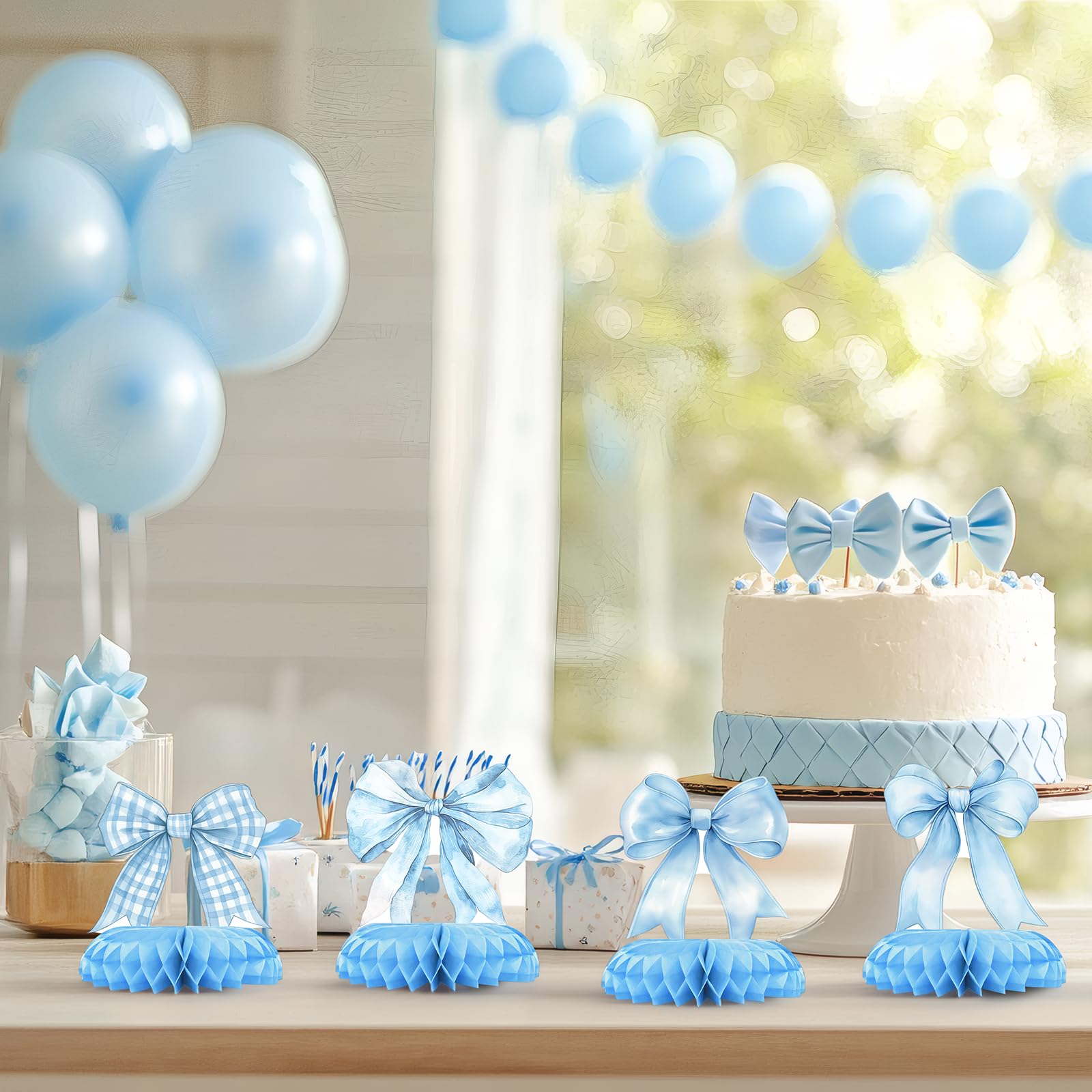 Blue Bow Baby Shower Centerpieces – 12PCS Coquette Honeycomb Table