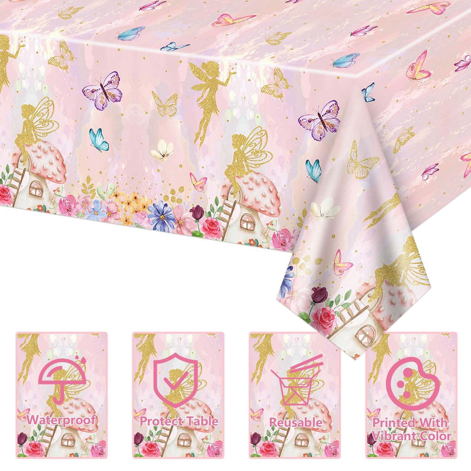 XJLANTTE 4Pcs Fairy Tablecloths - Fairy Birthday Party Table Cover