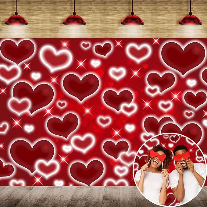 Red Heart Photo Backdrop Valentines Decorations 10x8FT Early 2000s