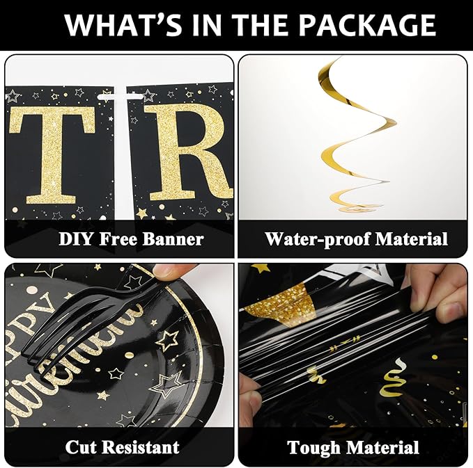 184pcs Happy Retirement Party Supplies Black Gold Happy Retirement