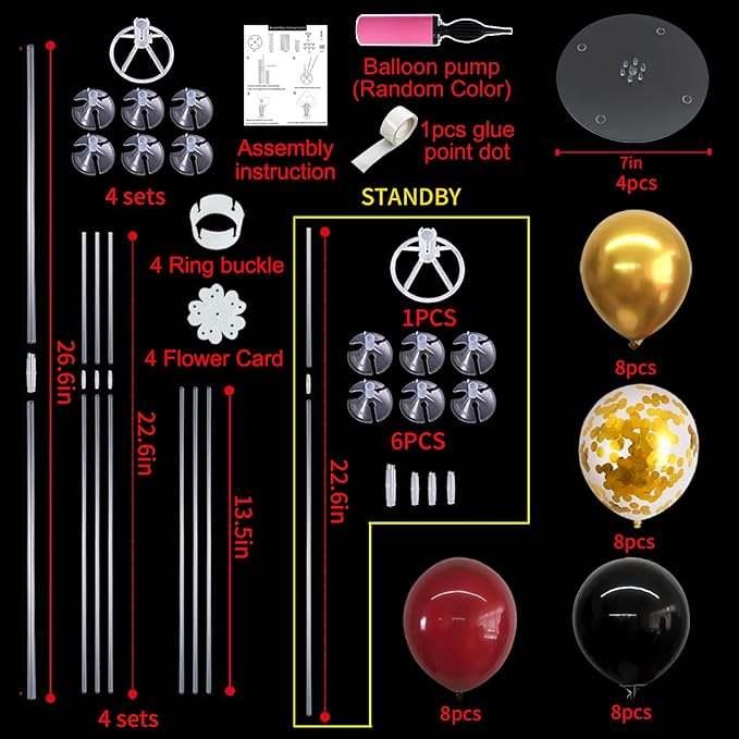 4 Set Burgundy Red Black Gold Balloon Stand Centerpiece Table