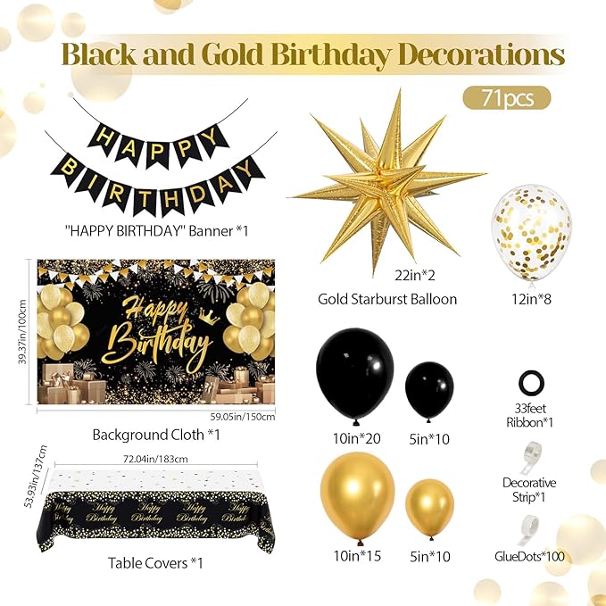 Black and Gold Birthday Decorations for Men Women 71pcs Black and