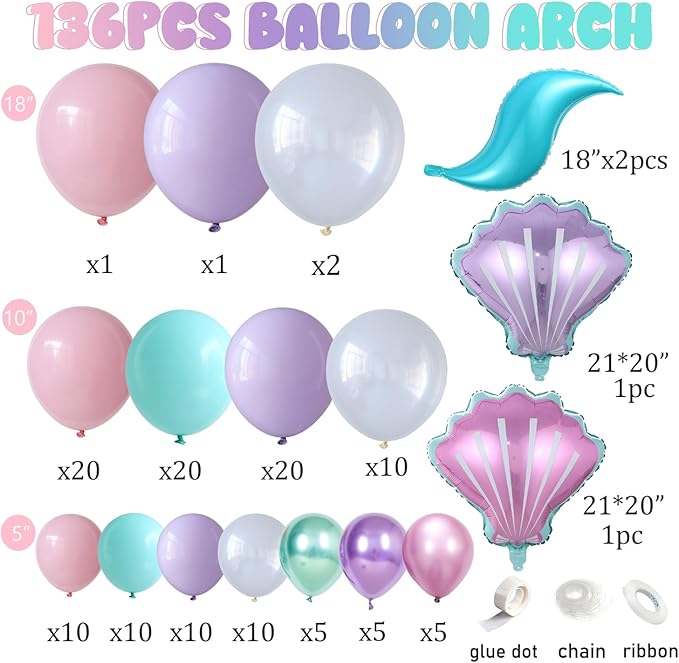 Mermaid Balloon Garland Arch Kit Pastel Pink Purple Teal Blue Clear
