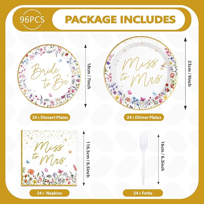 96Pcs Wildflower Bridal Shower Party Supplies Watercolor Floral Miss