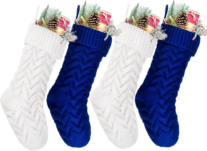 Christmas Stockings, 18 Inch White and Blue Cable Knitted Stockings