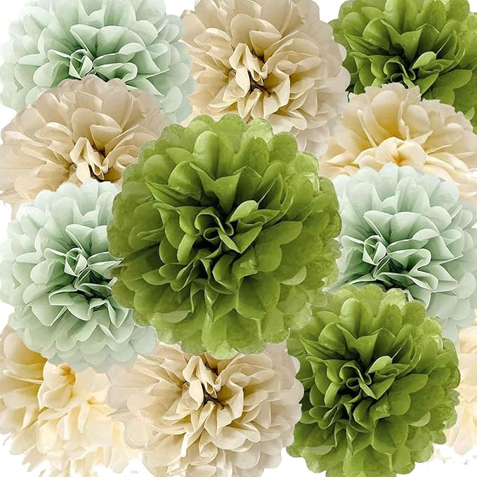 We Moment Olive Sage Green Cream Ivory Tan Tissue Paper Pom Poms