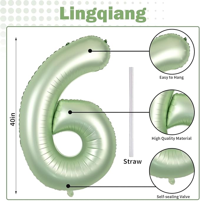 Sage Green Number 6 Balloons, 40 In Large Olive Green Number 6 Foil