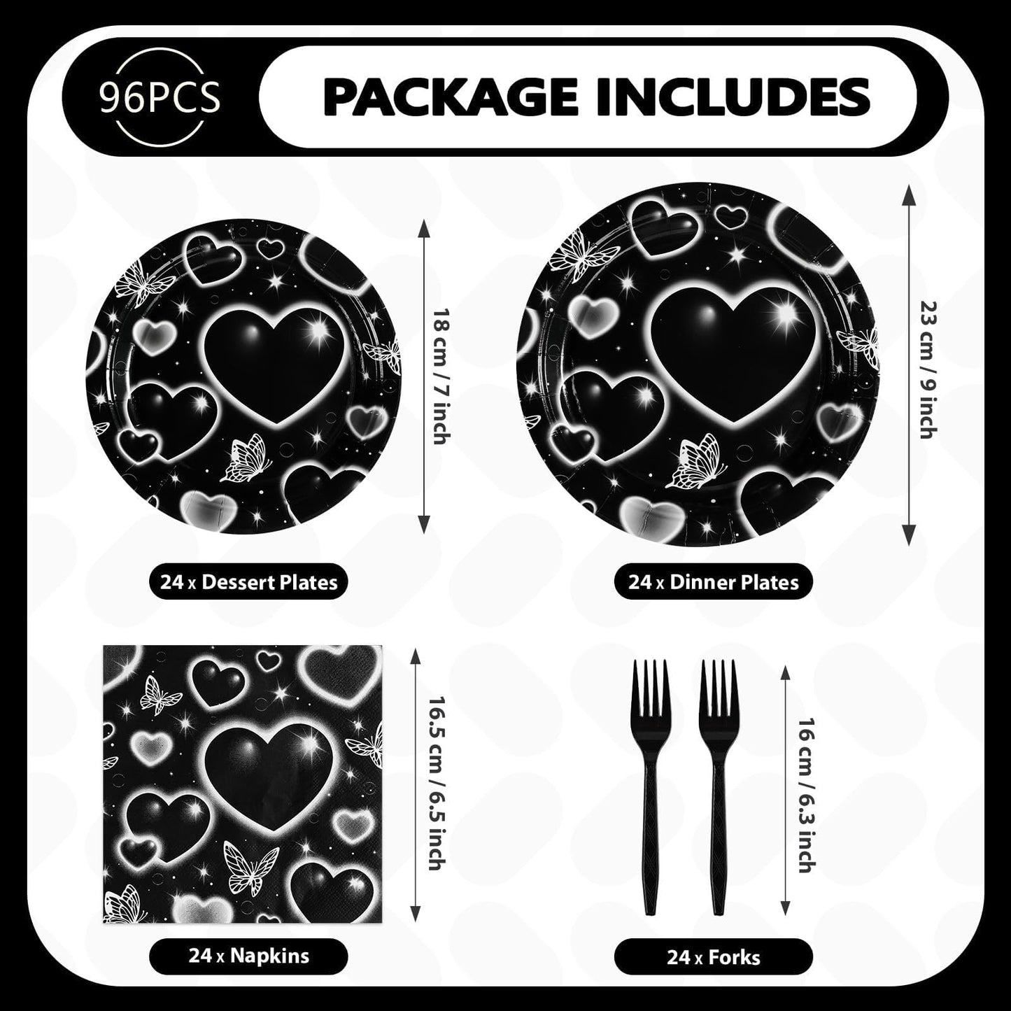 Grencian 96 Pcs 2000s Party Plates and Napkins Black Heart Tableware