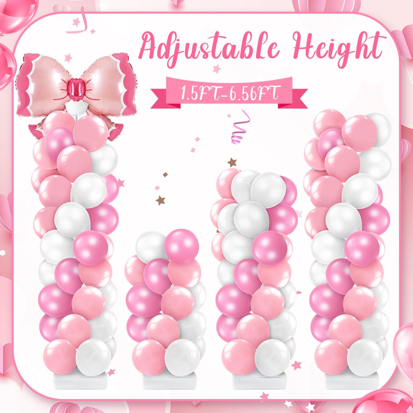 Kasyat 2 Sets Pink Bow Balloon Column Stand Kit with 2 Pink Bow Foil